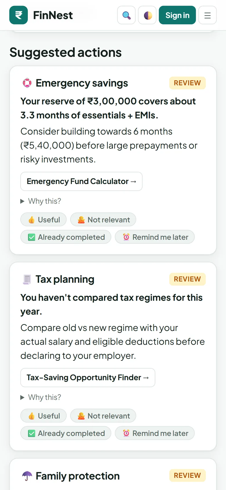 Money insights screen listing suggestions about emergency savings and tax planning