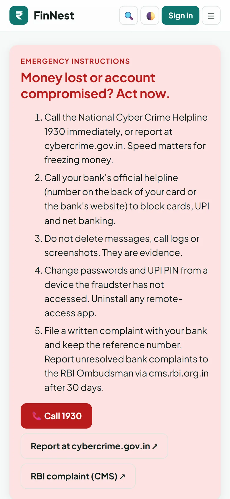 Safety centre with emergency steps for fraud and the 1930 helpline